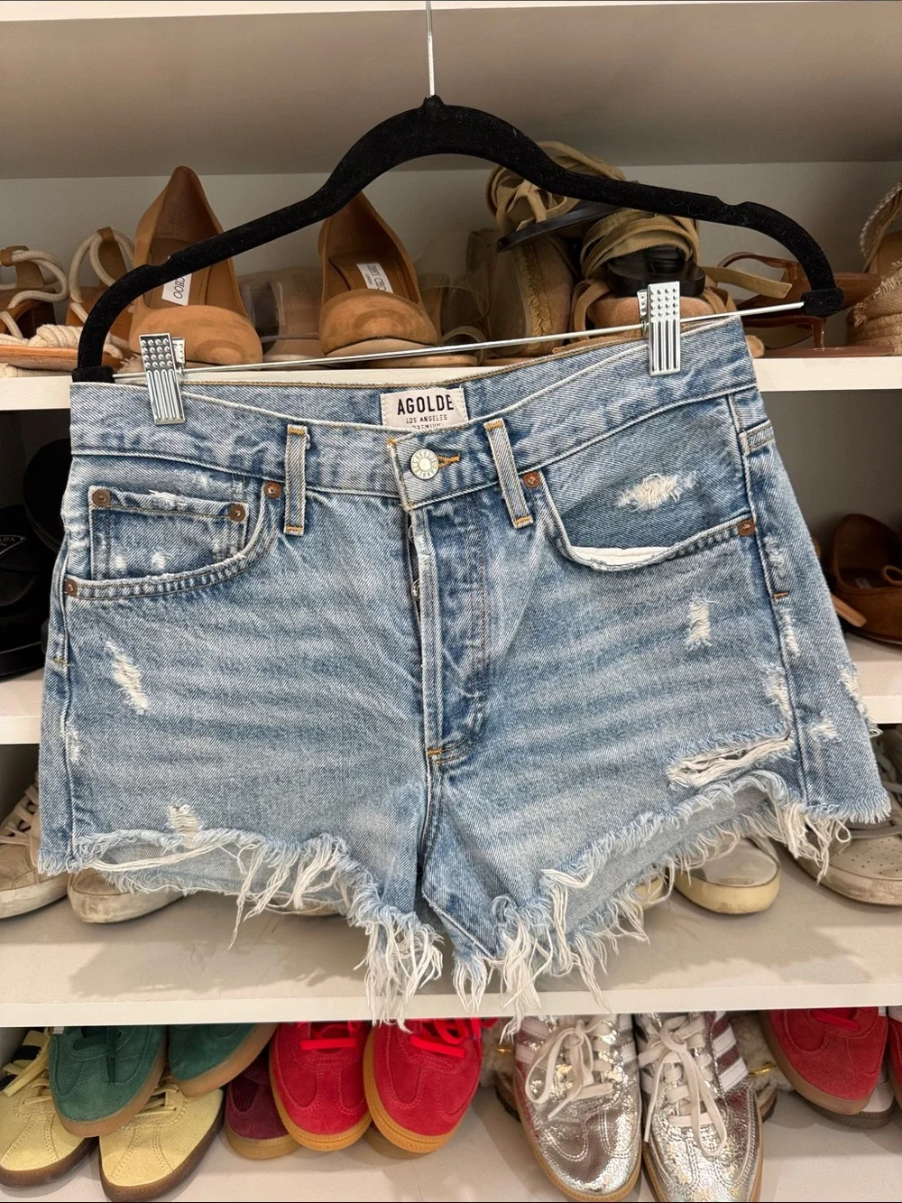 Agolde Light Wash Frayed Denim Cutoff Shorts